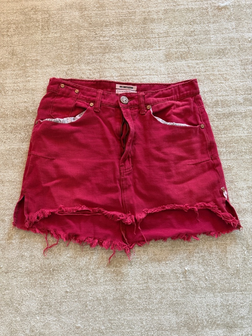 Magenta Frayed Denim Mini Skirt